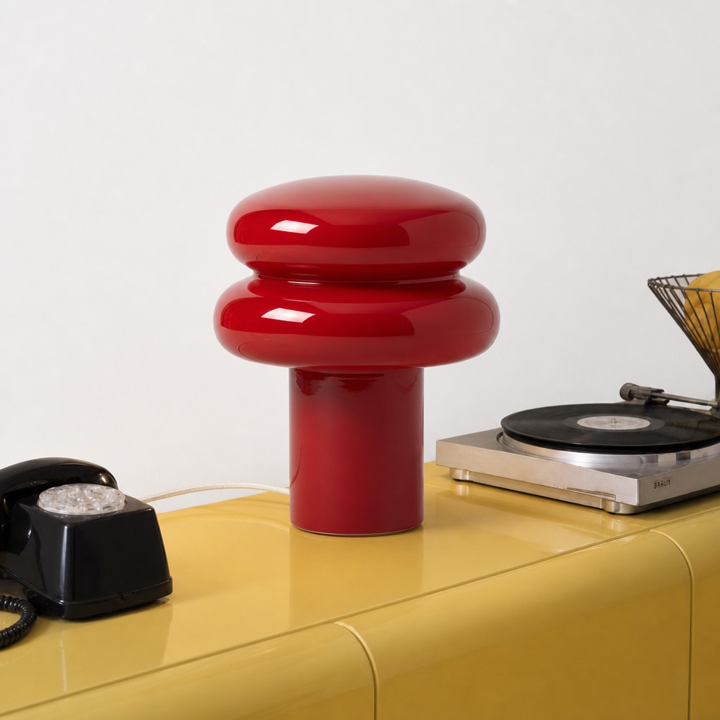 Cirren table lamp in red on a yellow cabinet