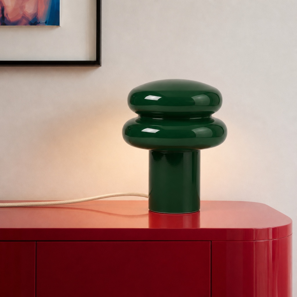 Cirren table lamp in dark green on a red console