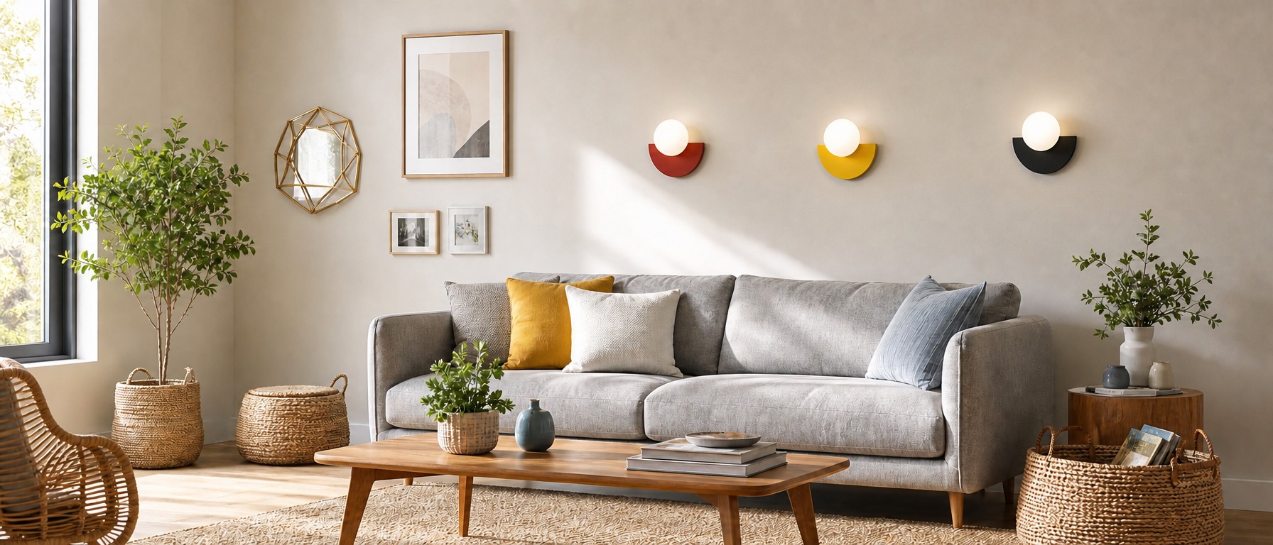 Orbion wall sconces styled above a living room sofa