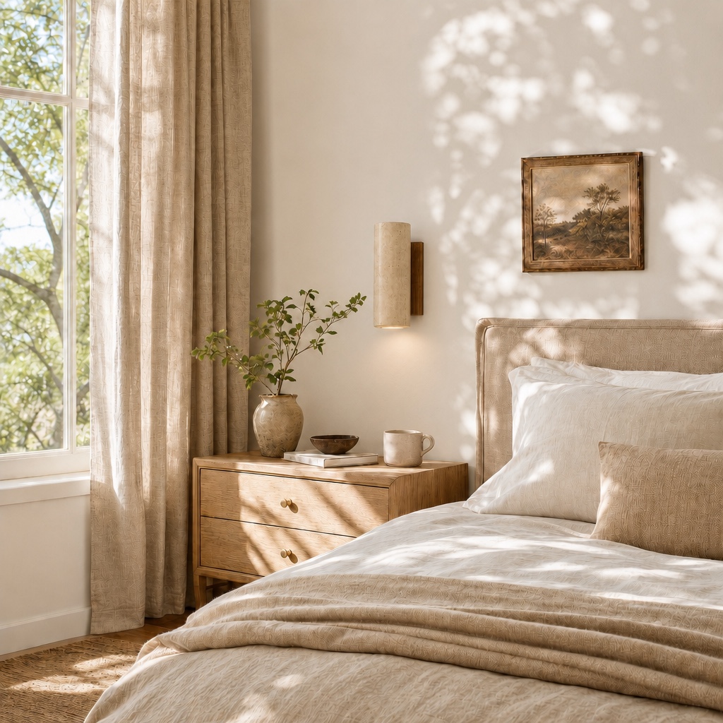 Torvella wall sconce creating warm bedroom ambience