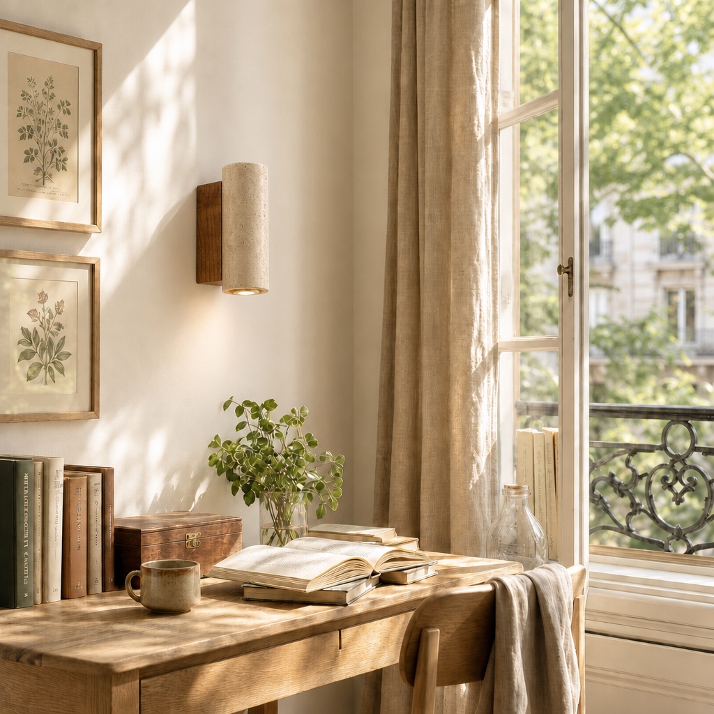 Torvella wall sconce styled beside a window and desk