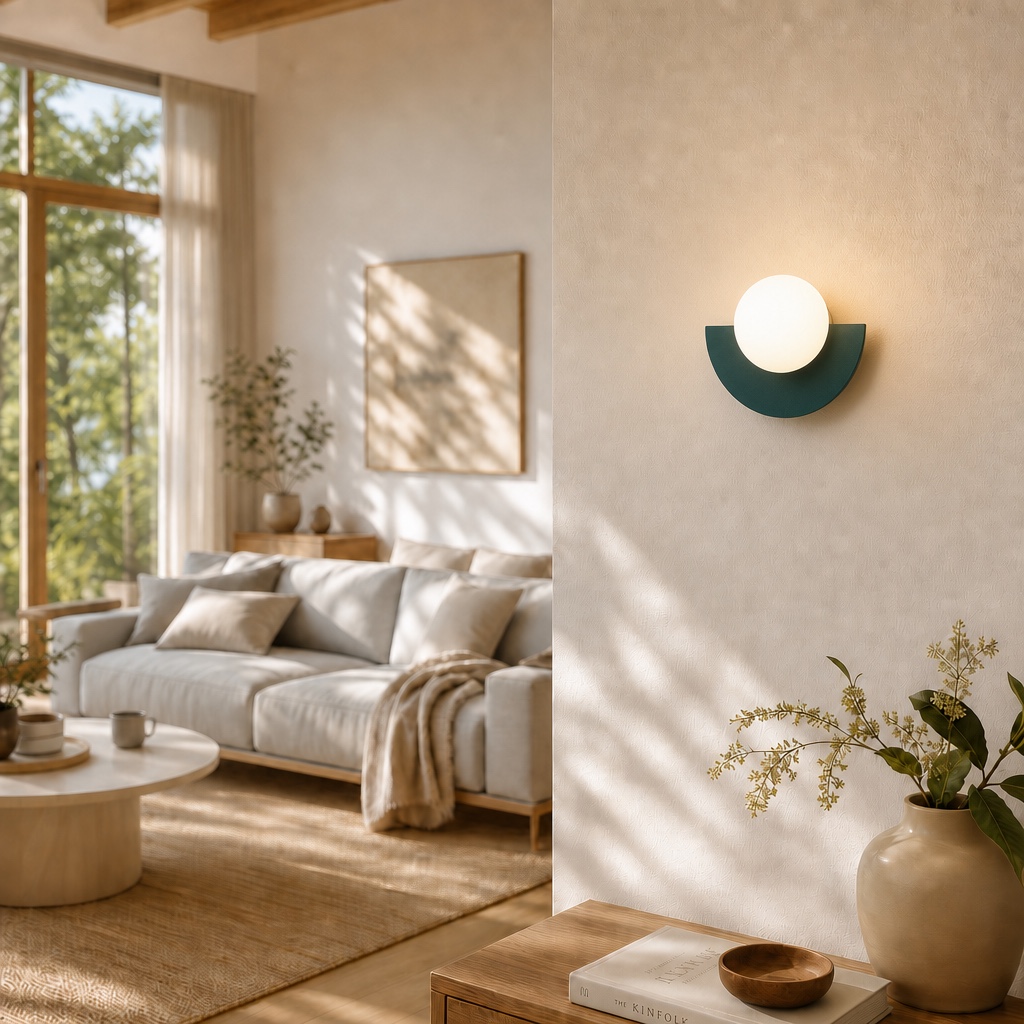 Orbion green glass orb wall sconce beside a sofa
