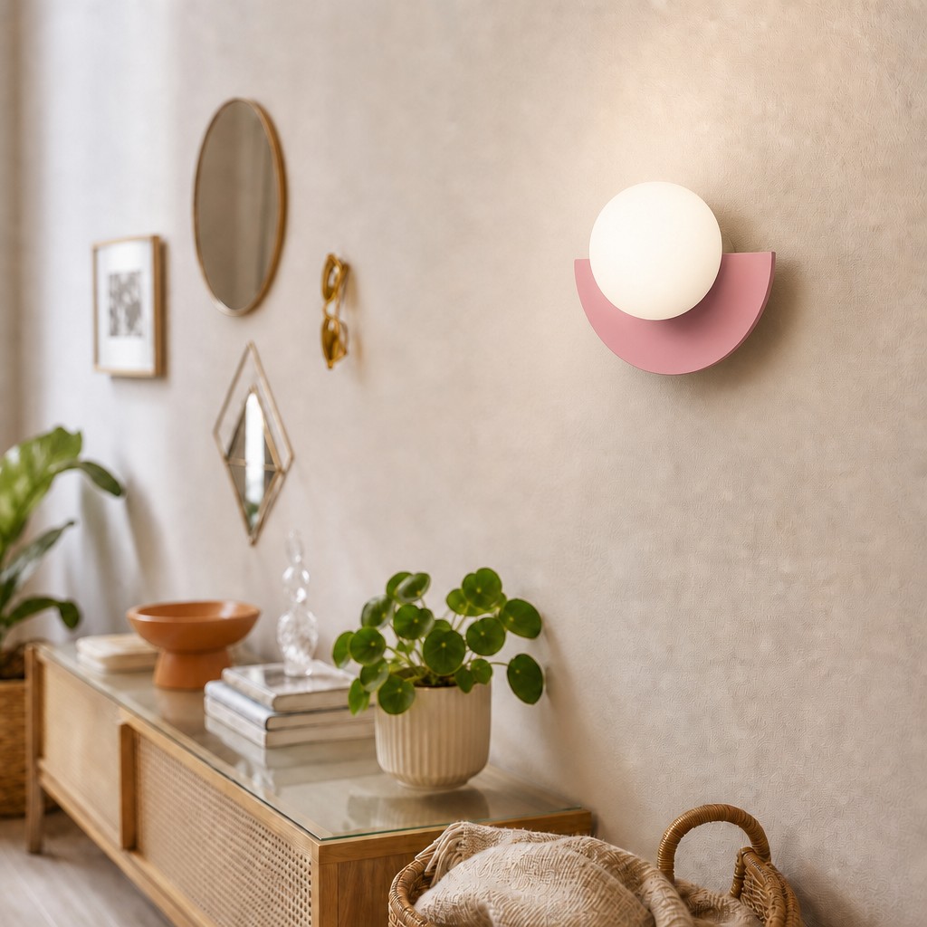 Orbion pink glass orb wall sconce in a styled room