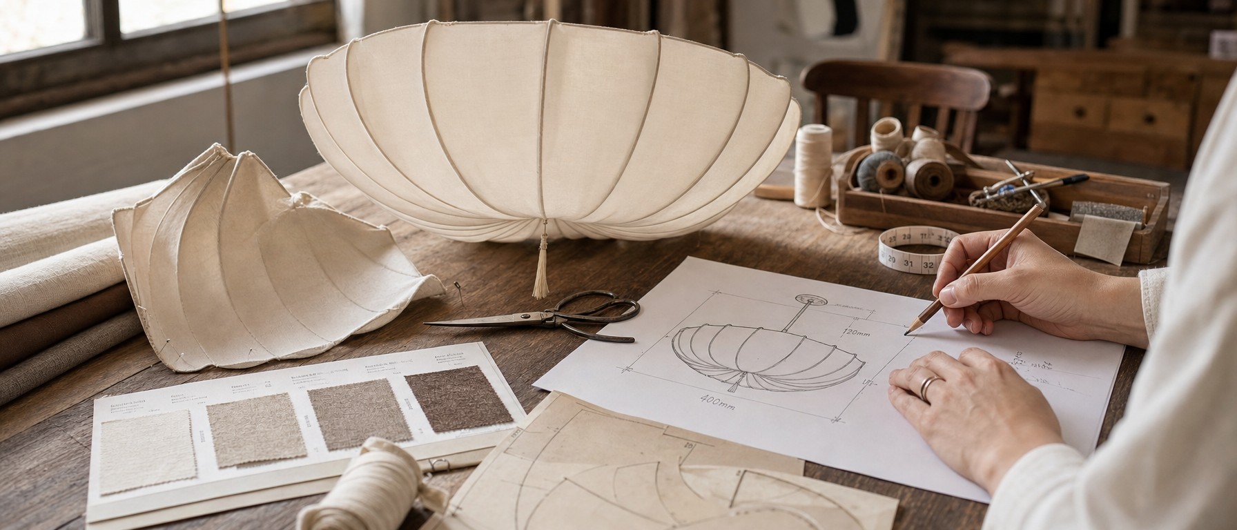 Traditional Japanese Style Round Fabric Drum Ceiling Light fabric detail