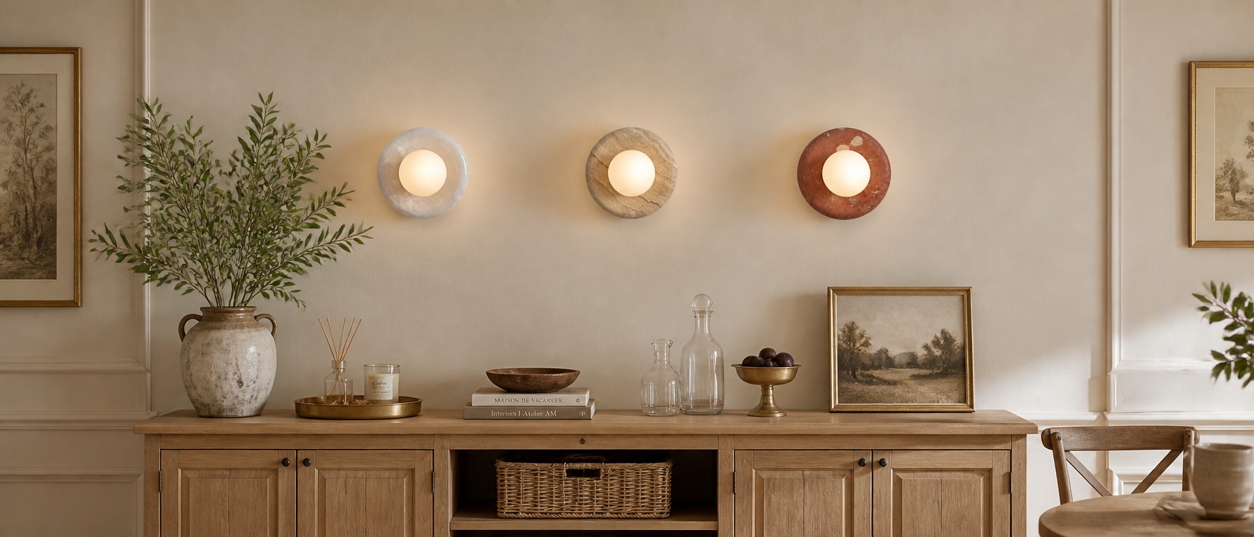 Oria wall sconces styled across a warm living room wall