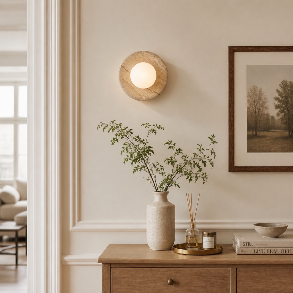 Oria beige travertine wall sconce over a console