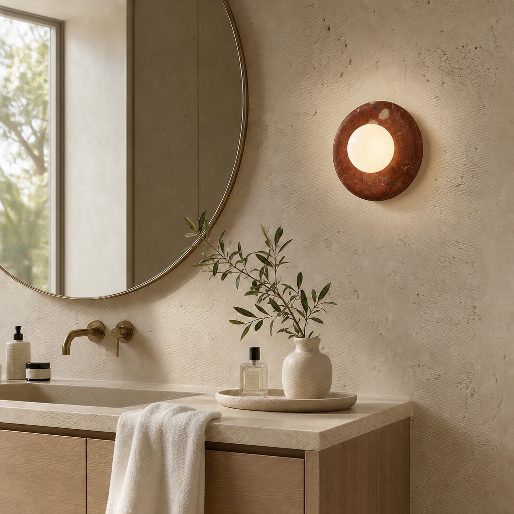 Oria wall sconce styled above a vanity