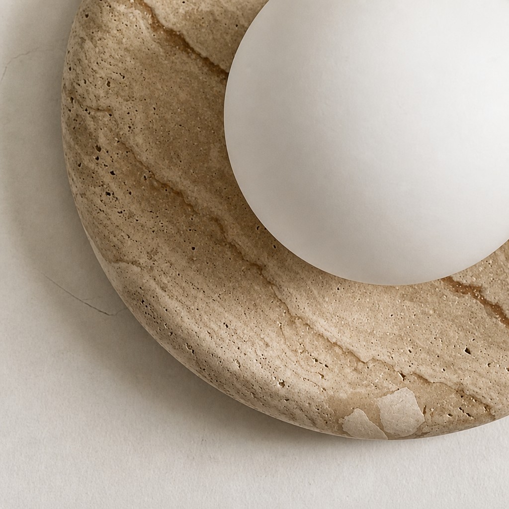 Close view of beige travertine and glass shade