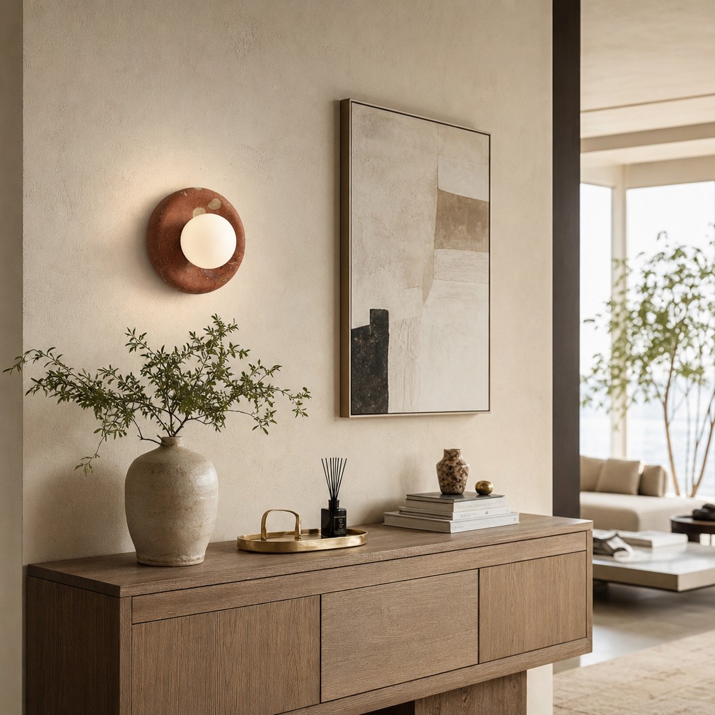 Oria red travertine wall sconce in a living space