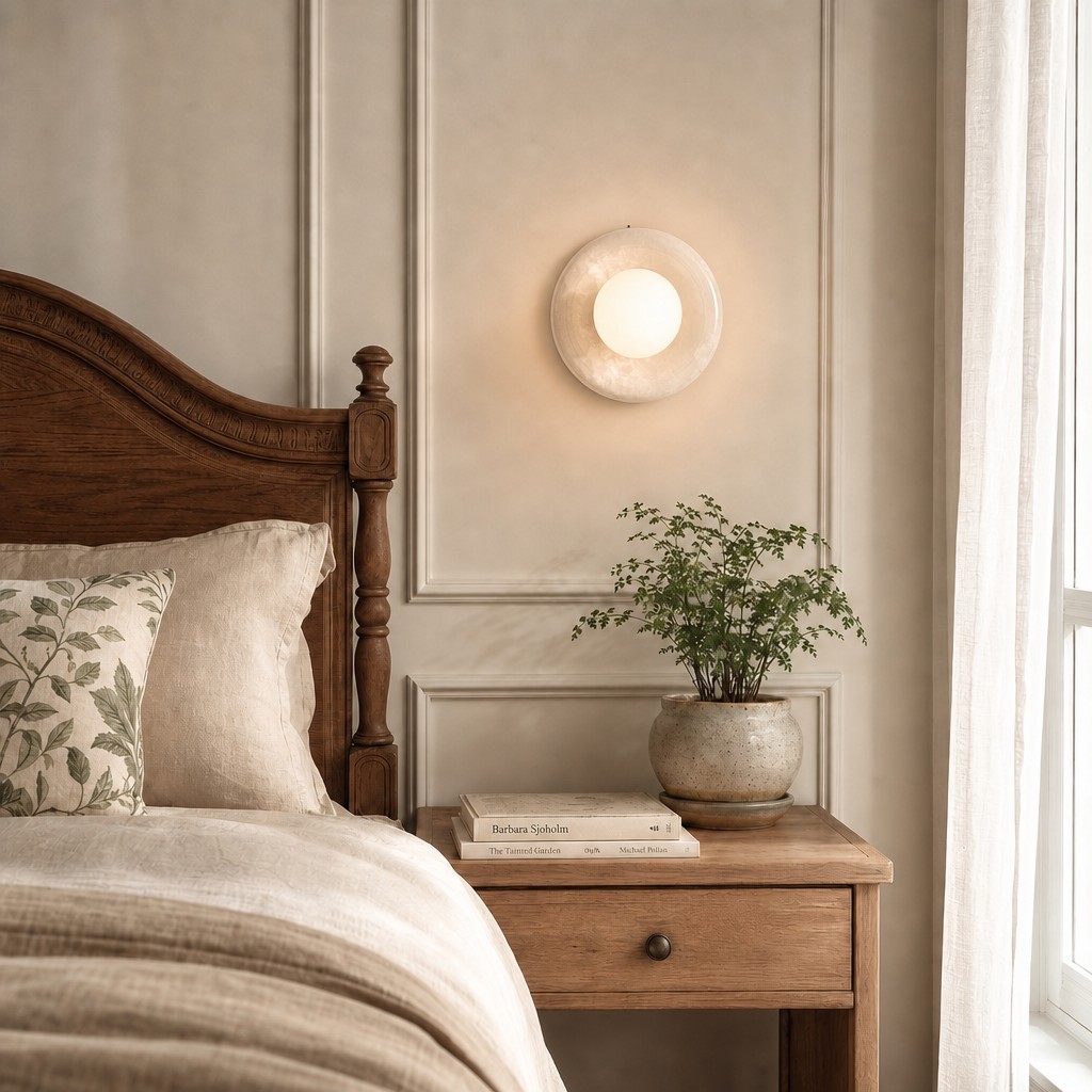 Oria wall sconce beside a bedroom nightstand