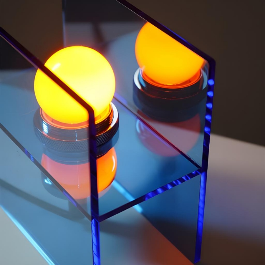 Close detail of the glowing bulb and acrylic lamp structure