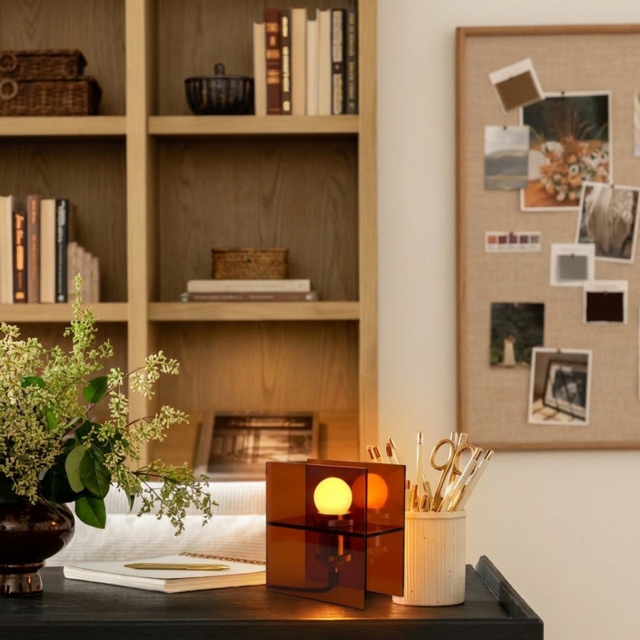 Sunset Horizon acrylic table lamp displayed on a desk with decor