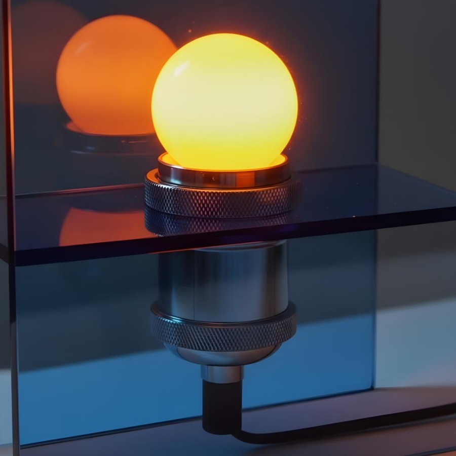 Detailed view of the warm globe bulb reflected in colored acrylic