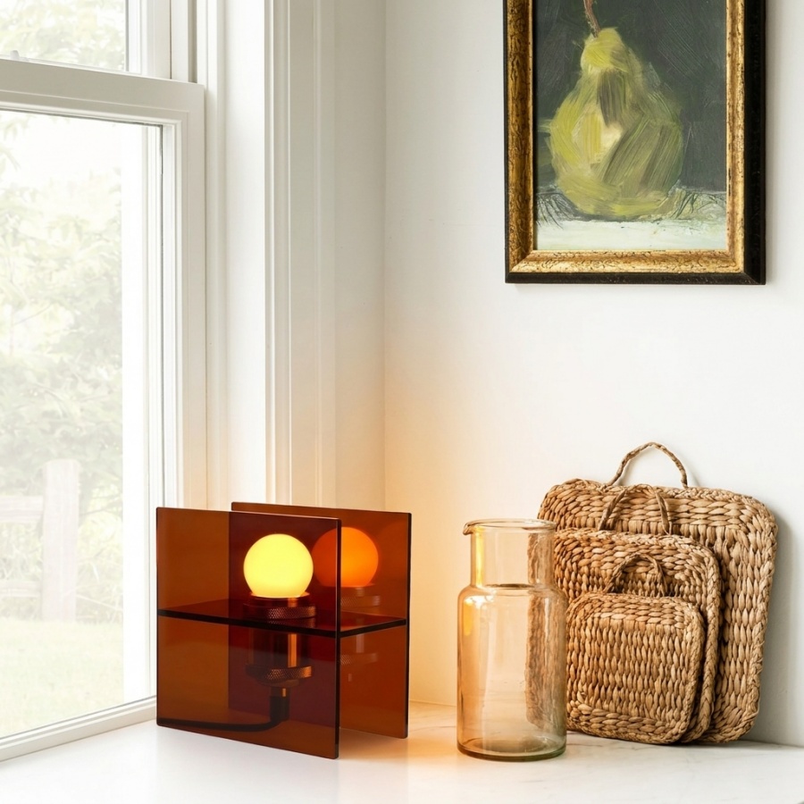 Sunset Horizon acrylic table lamp glowing by a bright window