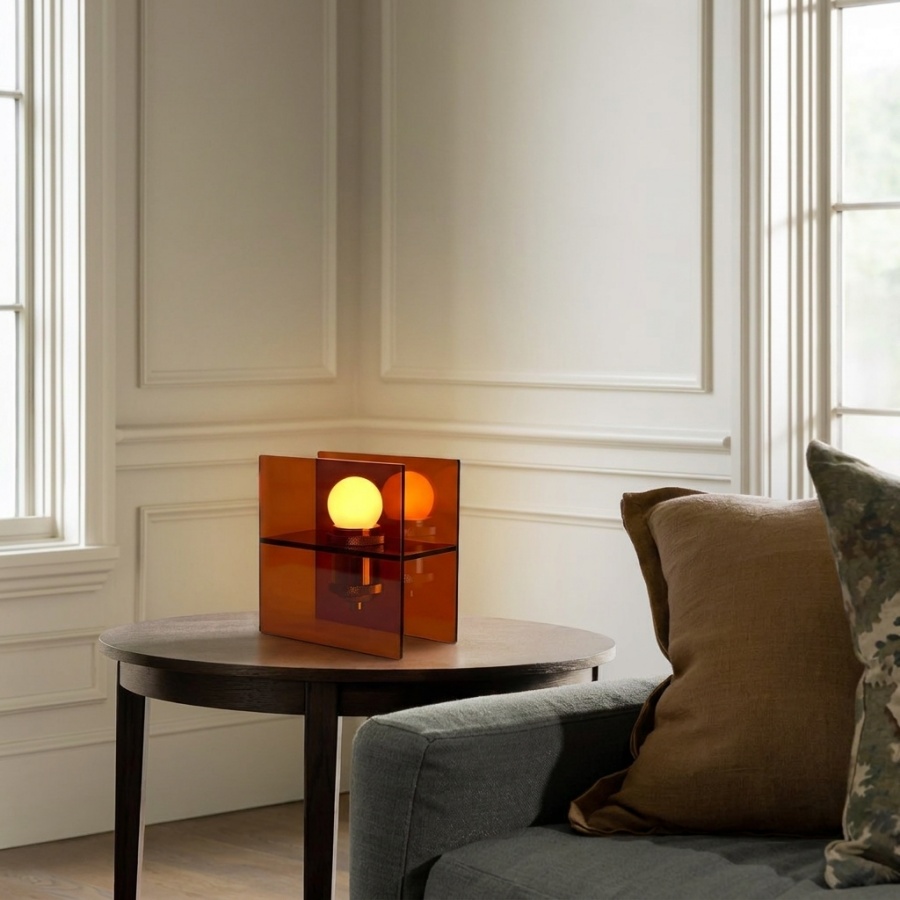 Sunset Horizon acrylic table lamp styled on a side table beside a sofa