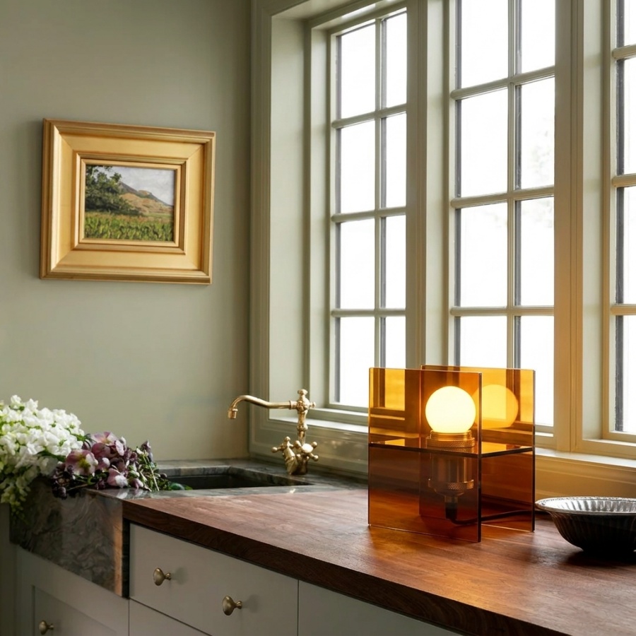 Sunset Horizon acrylic table lamp glowing on a windowside counter