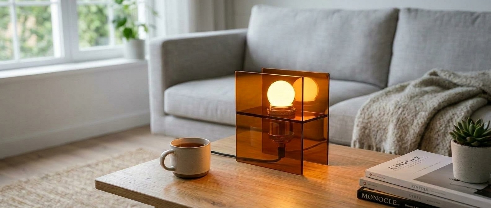 Sunset Horizon acrylic table lamp styled on a coffee table in a living room