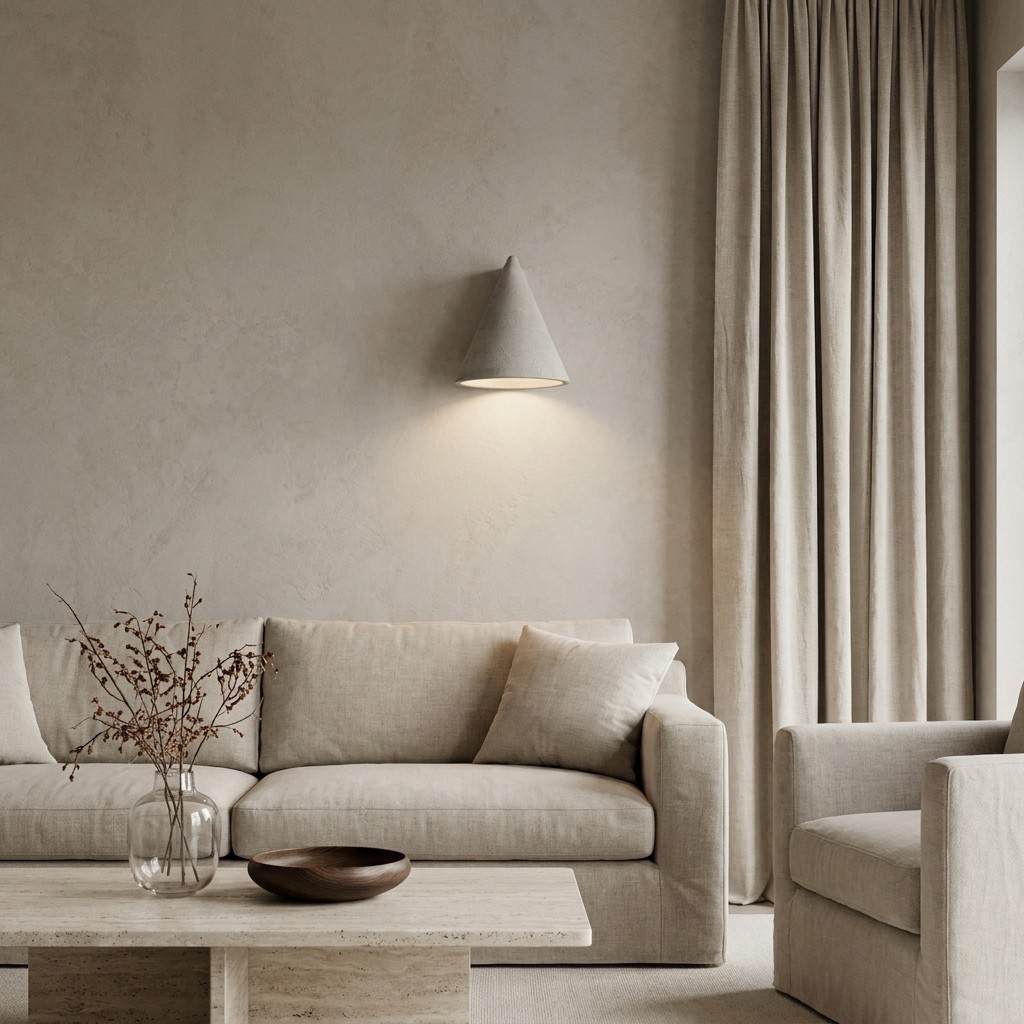 Concrellia tapered wall sconce illuminating a sofa setting
