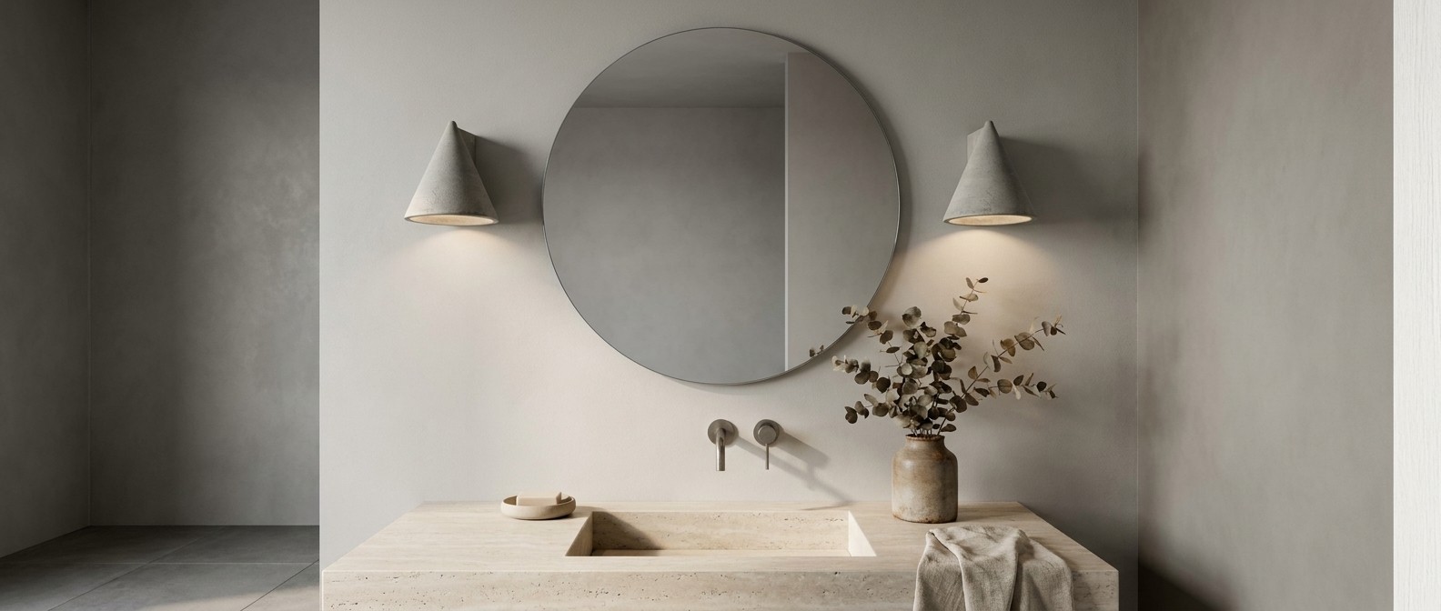 Concrellia wall sconces styled beside a vanity and mirror