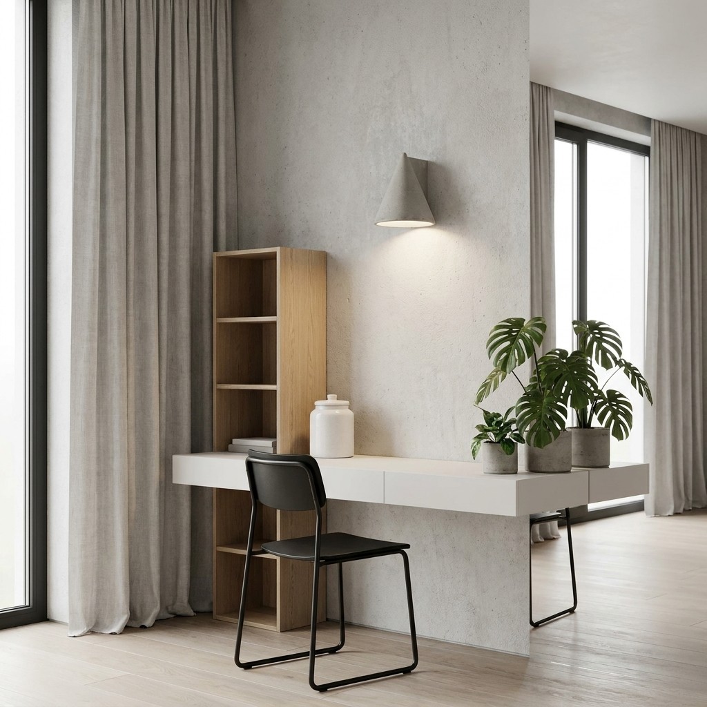 Concrellia tapered concrete wall sconce in a desk corner
