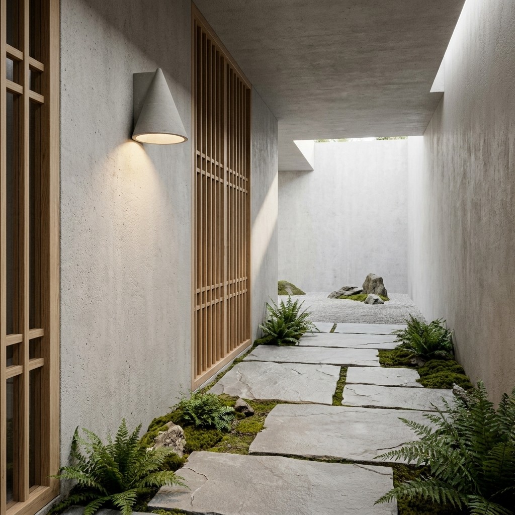 Concrellia concrete wall sconce lighting an exterior corridor scene