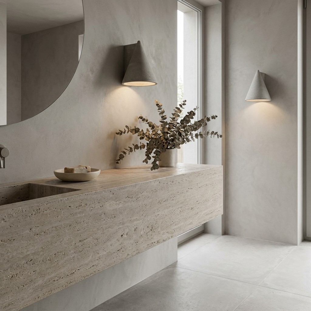 Concrellia tapered concrete wall sconce shown beside a stone vanity