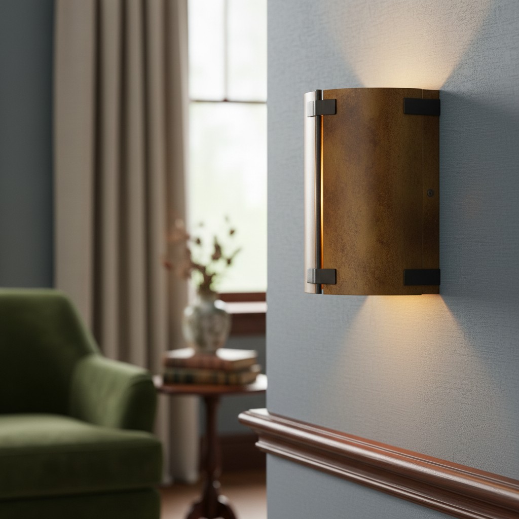 Close view of the Linea curved metal wall sconce glowing