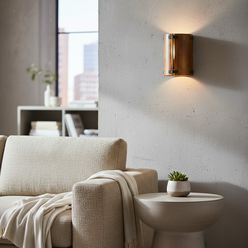 Linea rustic sconce casting light on a textured wall