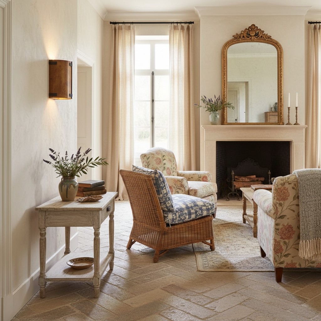Linea rustic wall sconce in a warm vintage living room