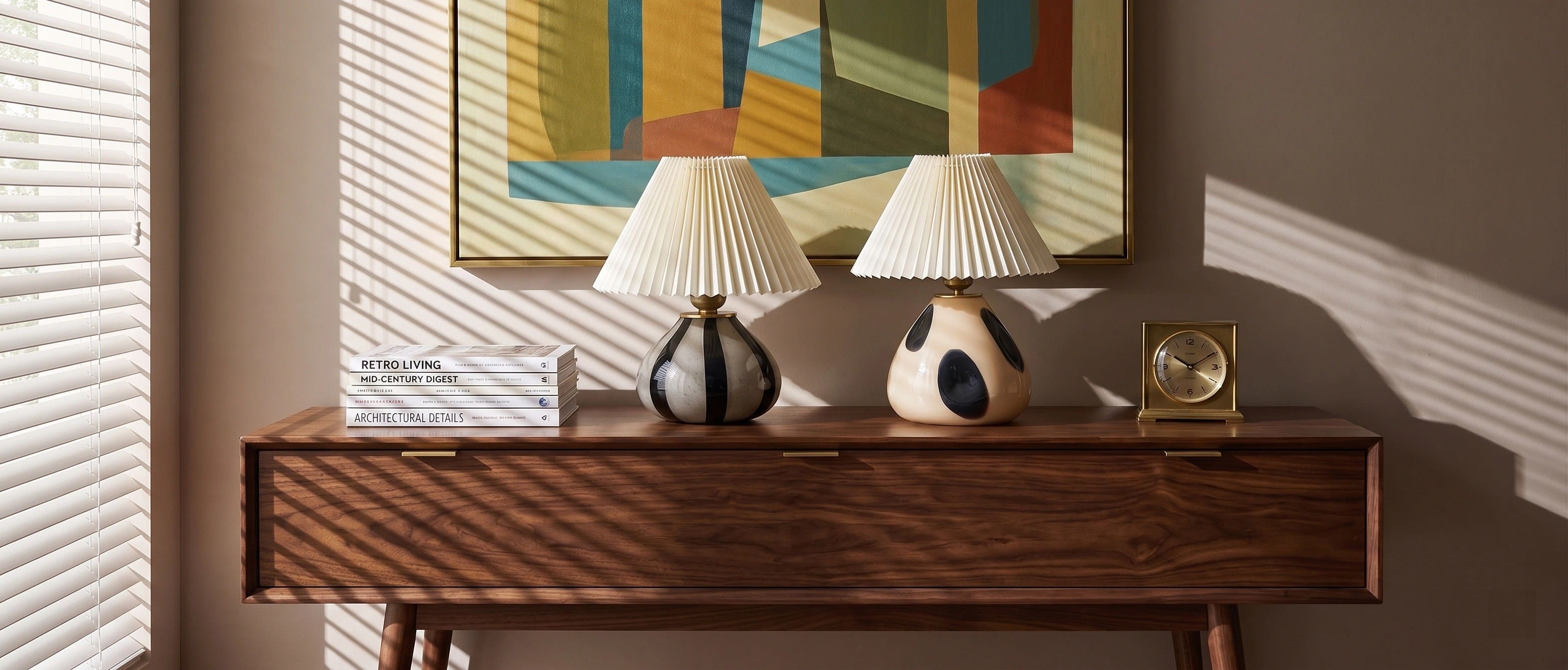 Undara table lamps styled on a wooden console in warm sunlight