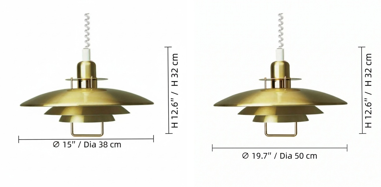 Triple Layer Scandinavian Pendant Light size diagram showing 15 inch and 19.7 inch options