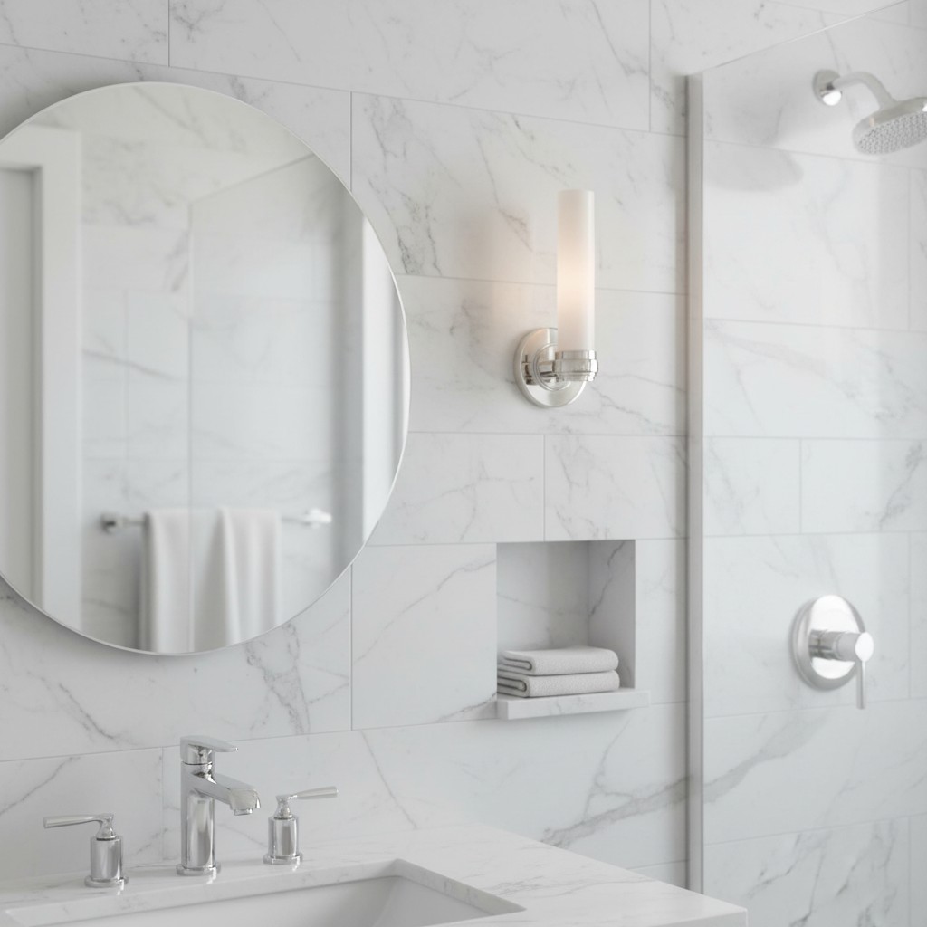 Roven wall sconce beside a bathroom mirror