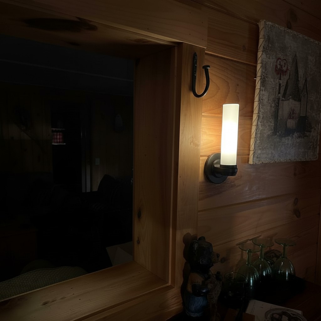 Customer photo of Roven wall sconce glowing on a wood wall