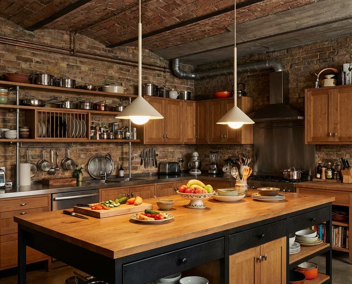 Brivana cone pendants in a rustic kitchen