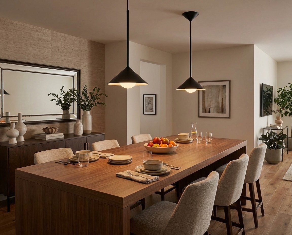 Brivana black cone pendants above a kitchen island
