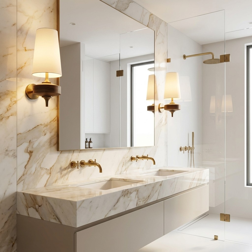 Diora wall lamp in a bright marble bathroom