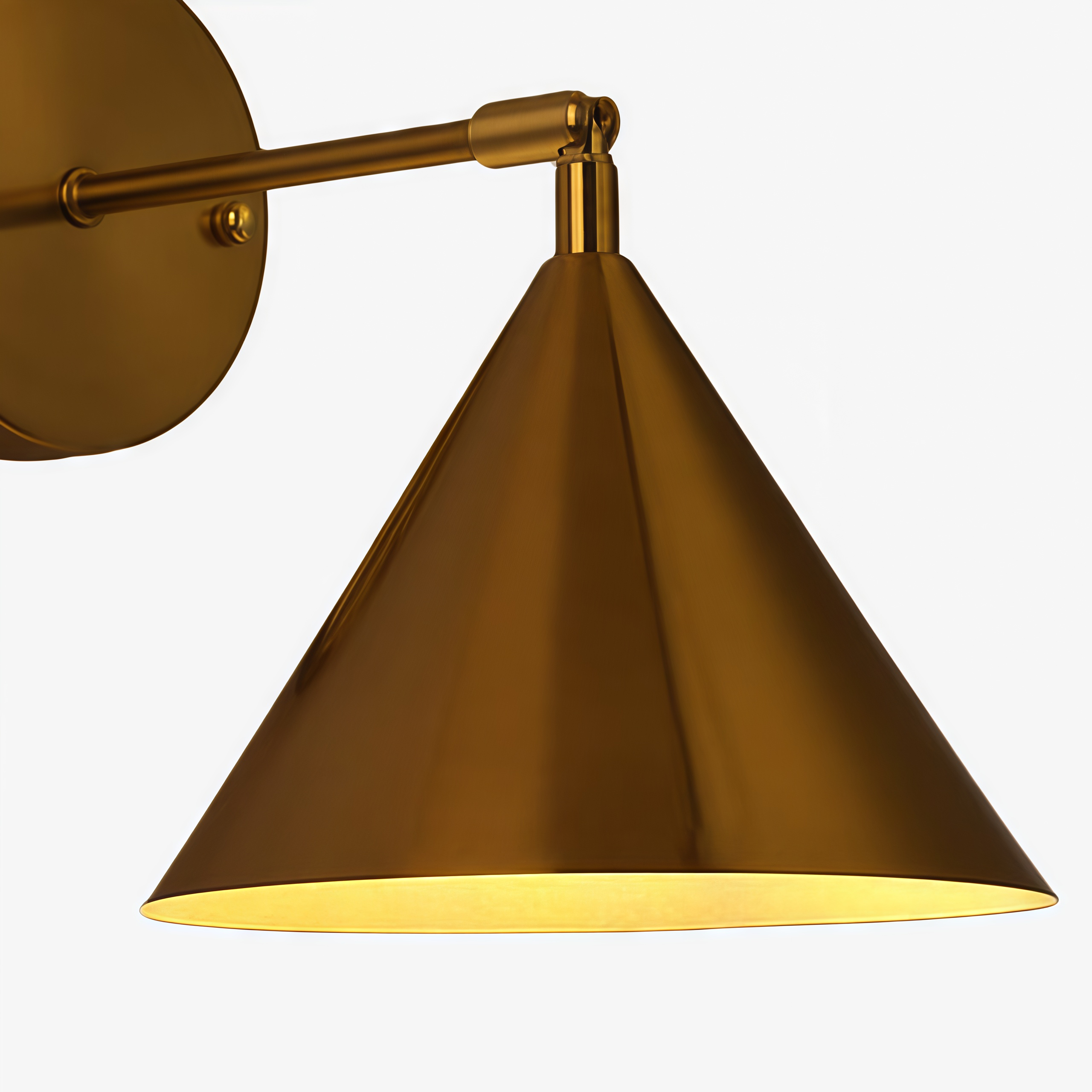 Close-up of cone shade and wall mount