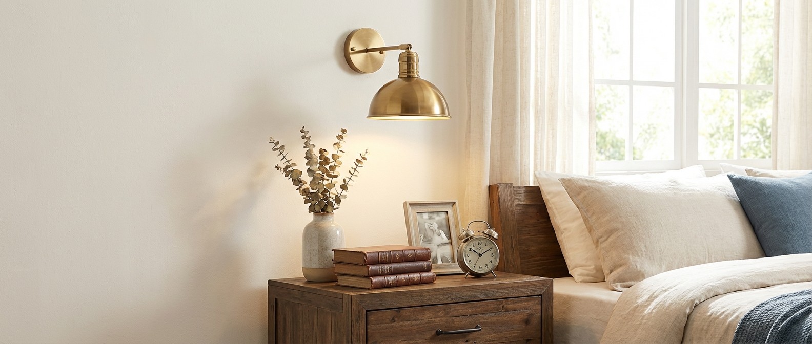 AstroLume brass wall light in a soft interior scene