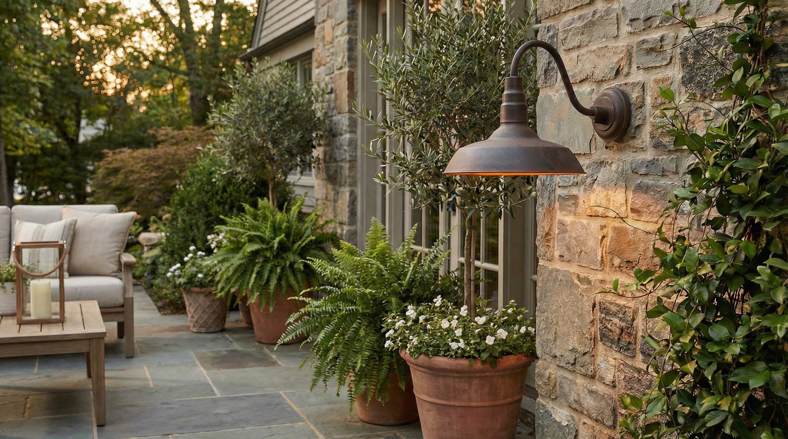 Korvi exterior wall light in an outdoor living scene