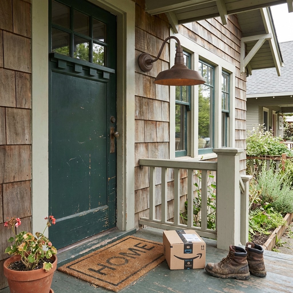 Korvi outdoor wall light installed by a green front door