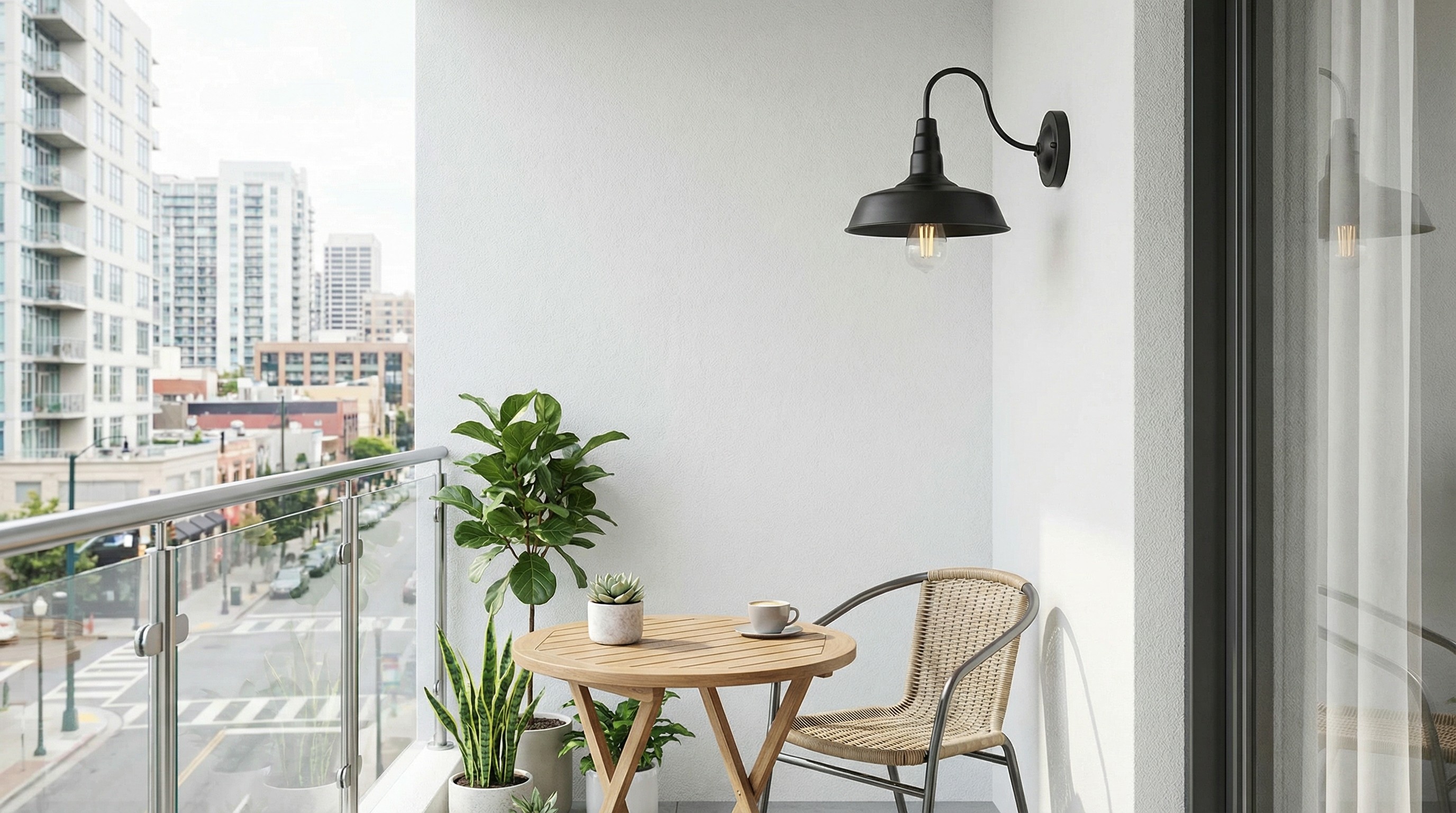 Korvi outdoor wall light beside balcony seating