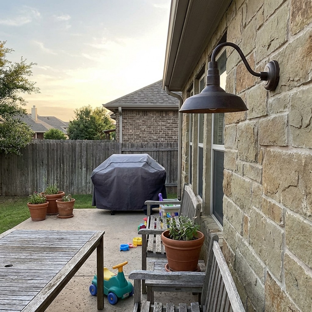 Korvi gooseneck wall light on an exterior patio wall