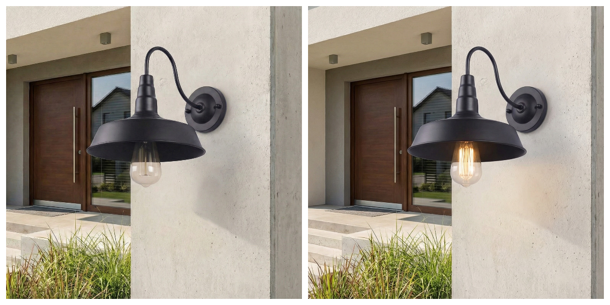 Korvi outdoor wall light shown off and illuminated