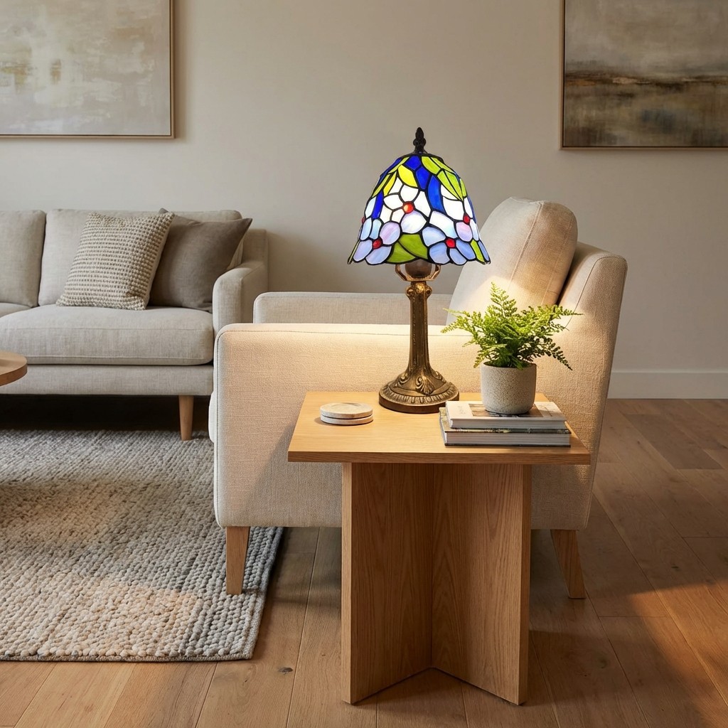 Tiffany table lamp styled on a living room side table