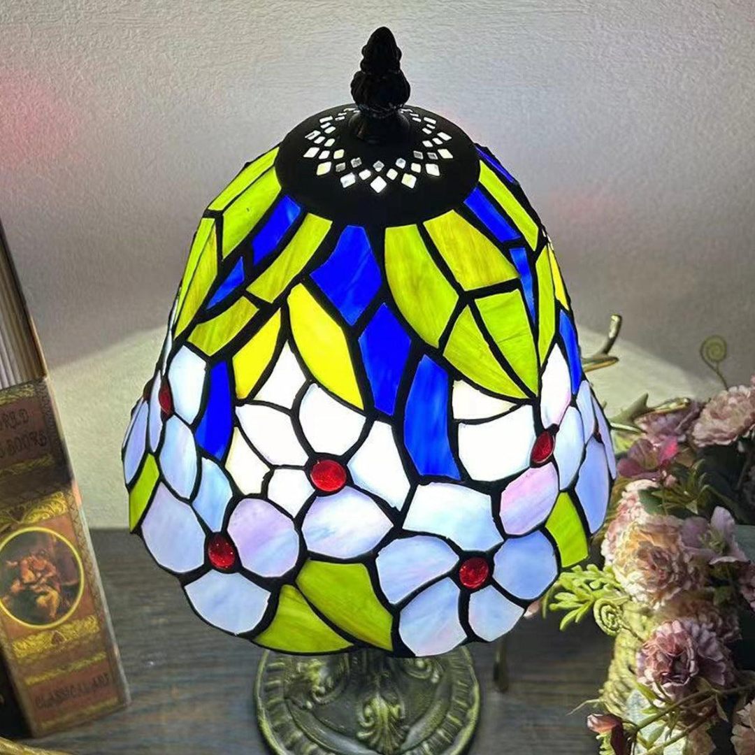 Close-up of colorful Tiffany stained glass shade