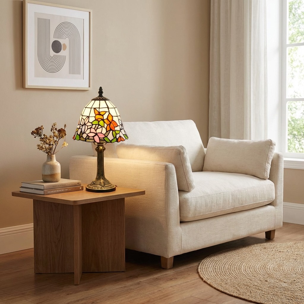 Colorful Tiffany table lamp beside a sofa