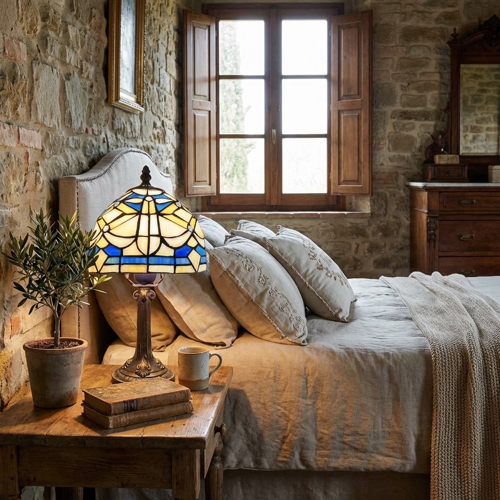 Tiffany table lamp beside a bed in a rustic bedroom