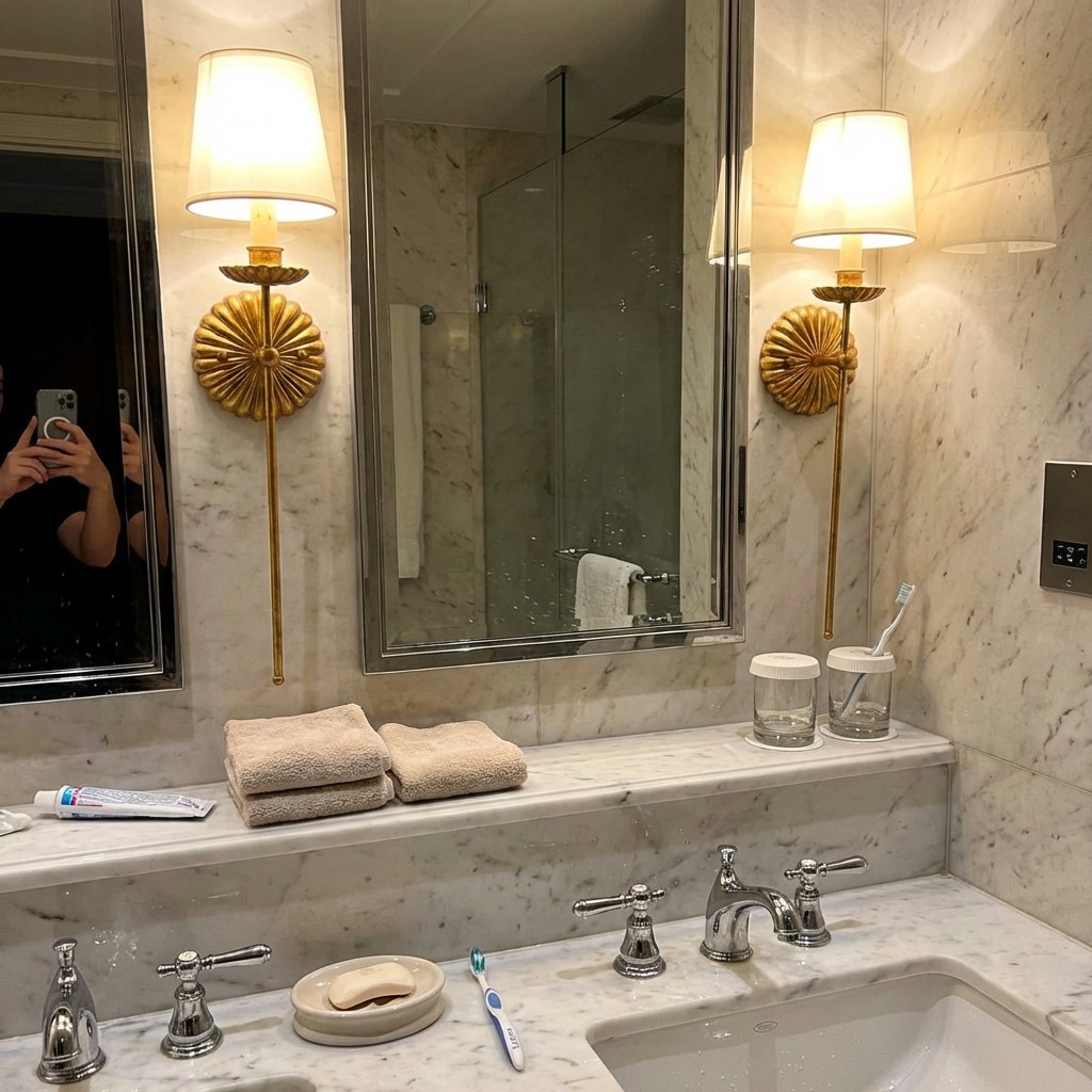 Roven wall lamp beside a bathroom mirror