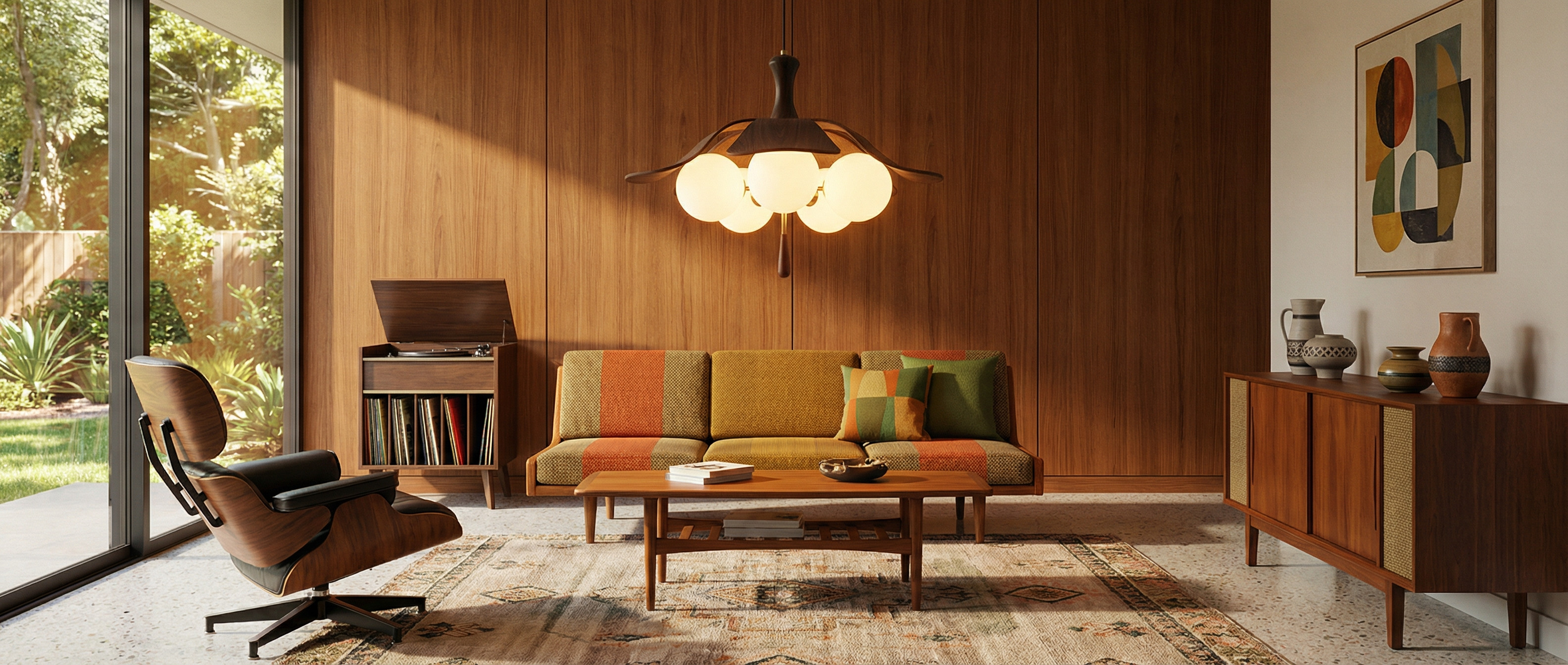 Orrise globe cluster pendant in a wood accented living space