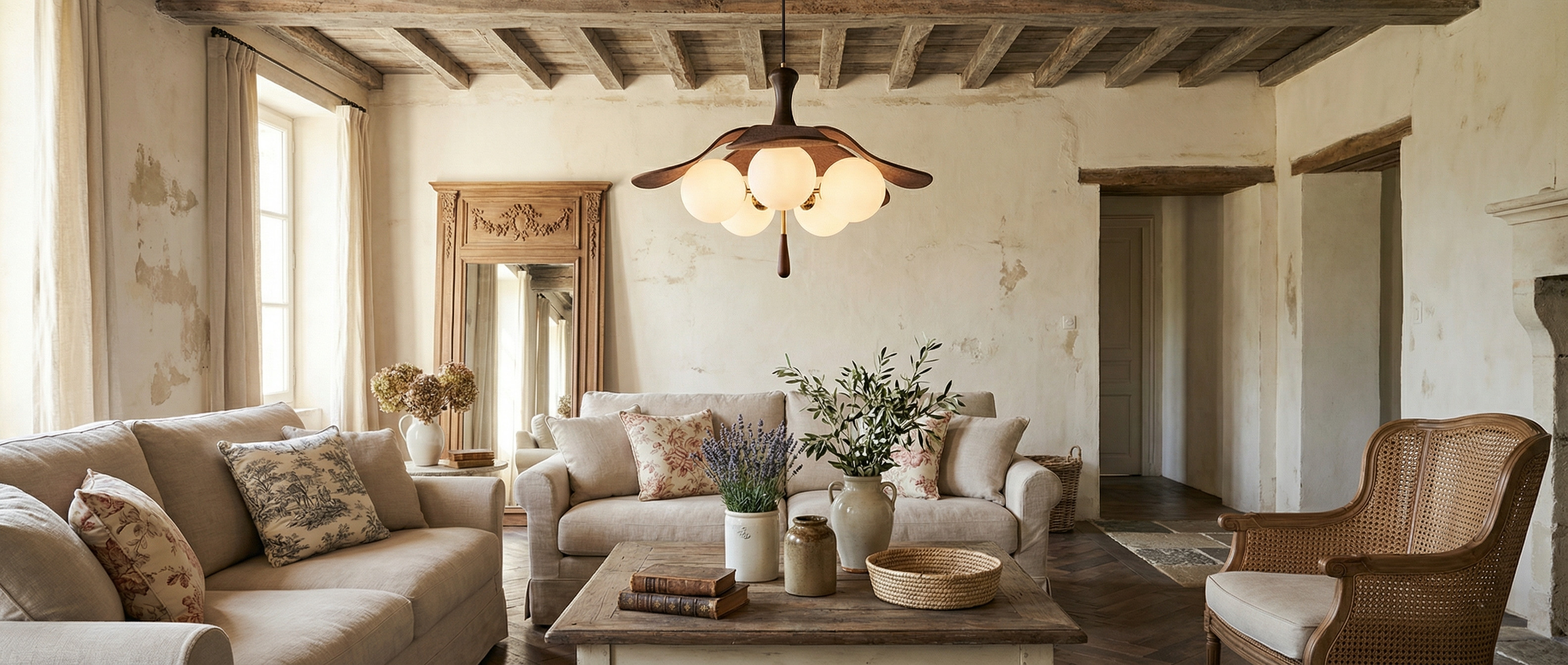 Orrise pendant light styled in a warm living room